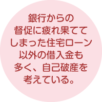 銀行からの 督促に疲れ果ててしまった住宅ローン以外の借入金も 多く、自己破産を 考えている。